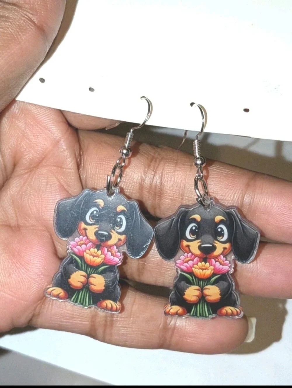 Hand Crafted Women's/Girls Cute Black Dachshund Earrings with Pink Flowers